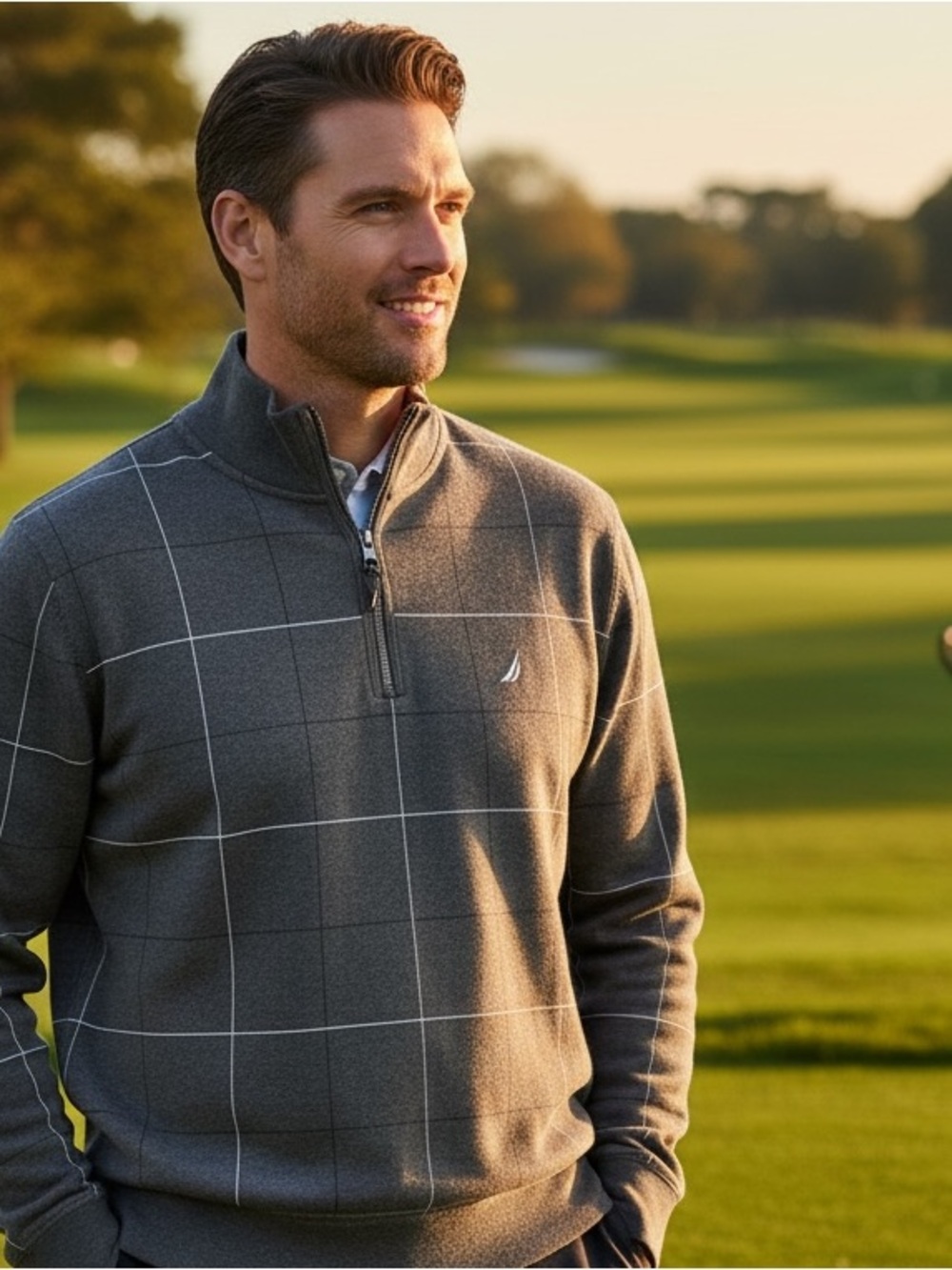 Nautica Men's Charcoal Gray Quarter-Zip Windowpane Pullover